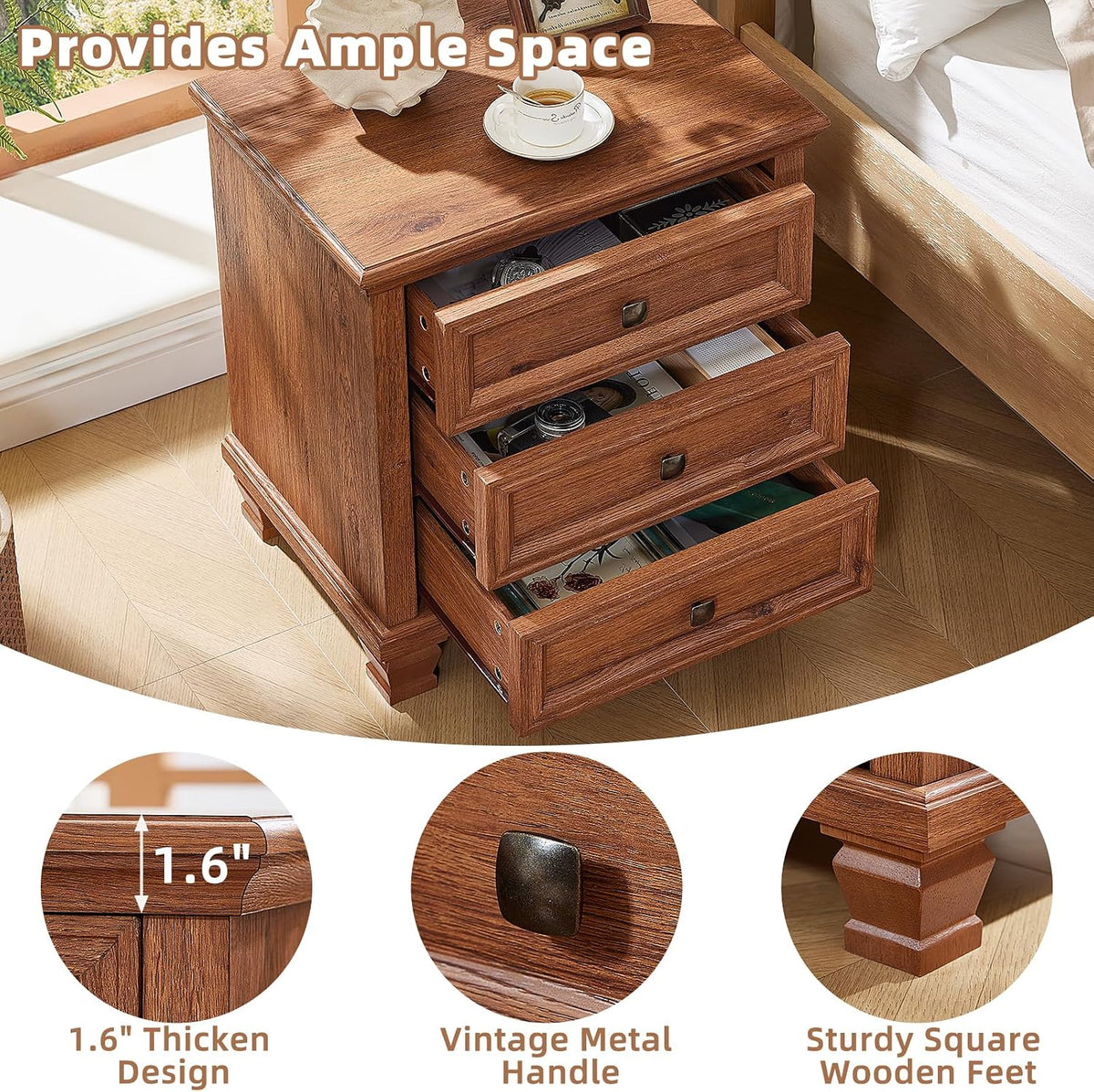 savor life 3-drawer farmhouse nightstand with solid wood, side view