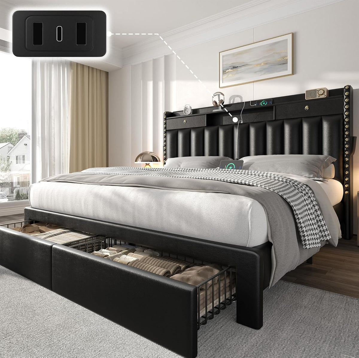 cypbed queen bed frame with 2-tier storage headboard, main product view