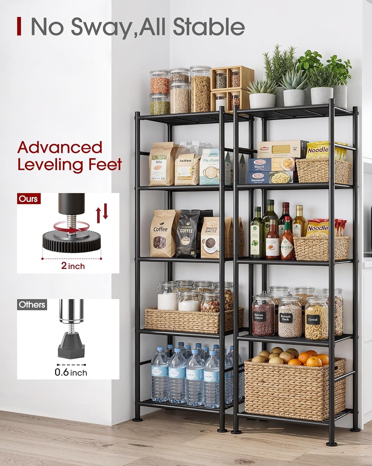 sakugi 2-pack 5-tier metal storage shelves, 18.4"x12.6"x57.4", black, package contents