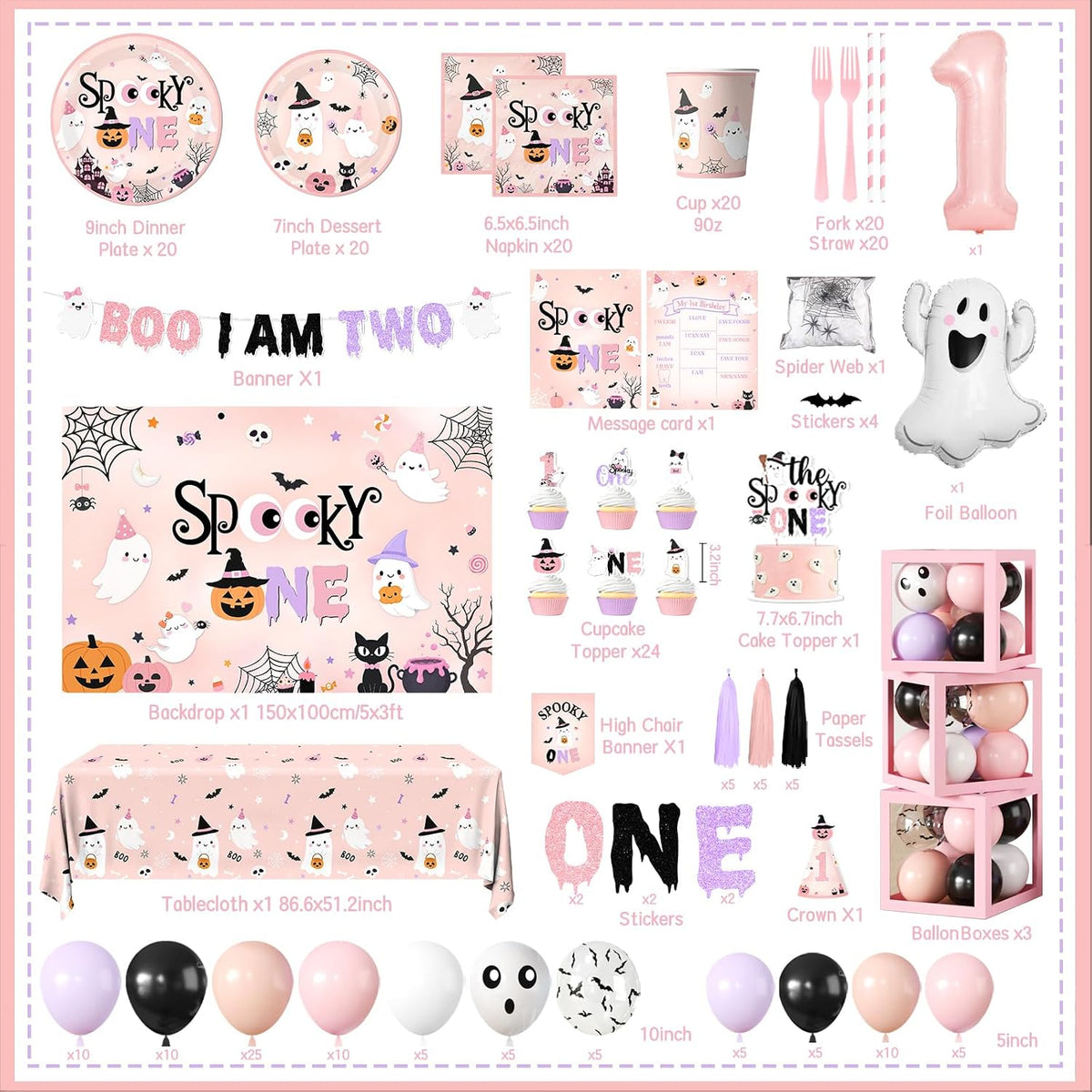Spooky One Birthday Decorations Girl, 276 Pcs Pink Halloween 1st Birthday Party Decorations with Spooky One Plates,Napkins,Banner,Backdrop,Tablecloth and Balloon Arch for Ghost First Birthday