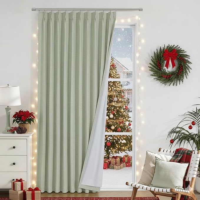 Vision Home Soft Green Pinch Pleated Full Blackout Curtains Linen Blended Room by VisionHome