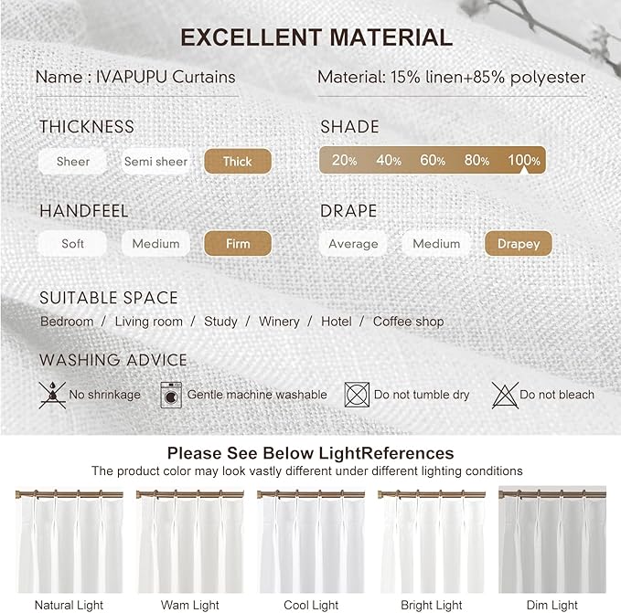 IVAPUPU Pinch Pleated Linen Blend Blackout Curtains - Image 9