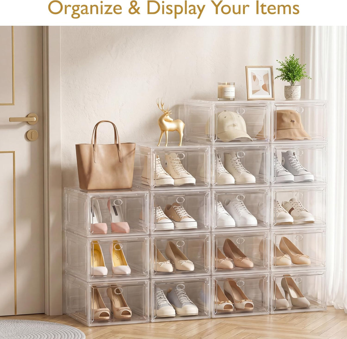 sturdy clear shoe organizer with magnetic door, stackable, view 9