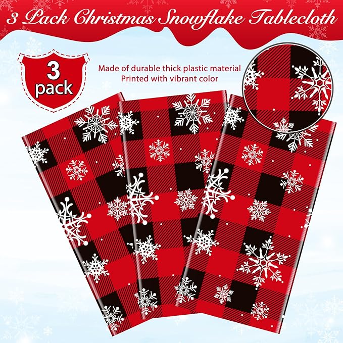 3 Pieces Red and Black Buffalo Plaid Merry Christmas Party Tablecloth - Image 4