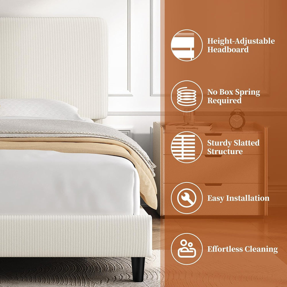Yaheetech Twin Bed Frame, Adjustable Chenille Upholstered Headboard, Beige