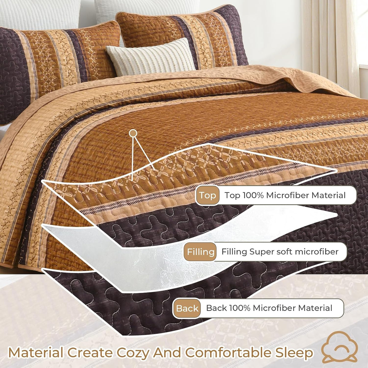 cottolester fall quilt set queen,burnt orange striped patchwork, close-up detail