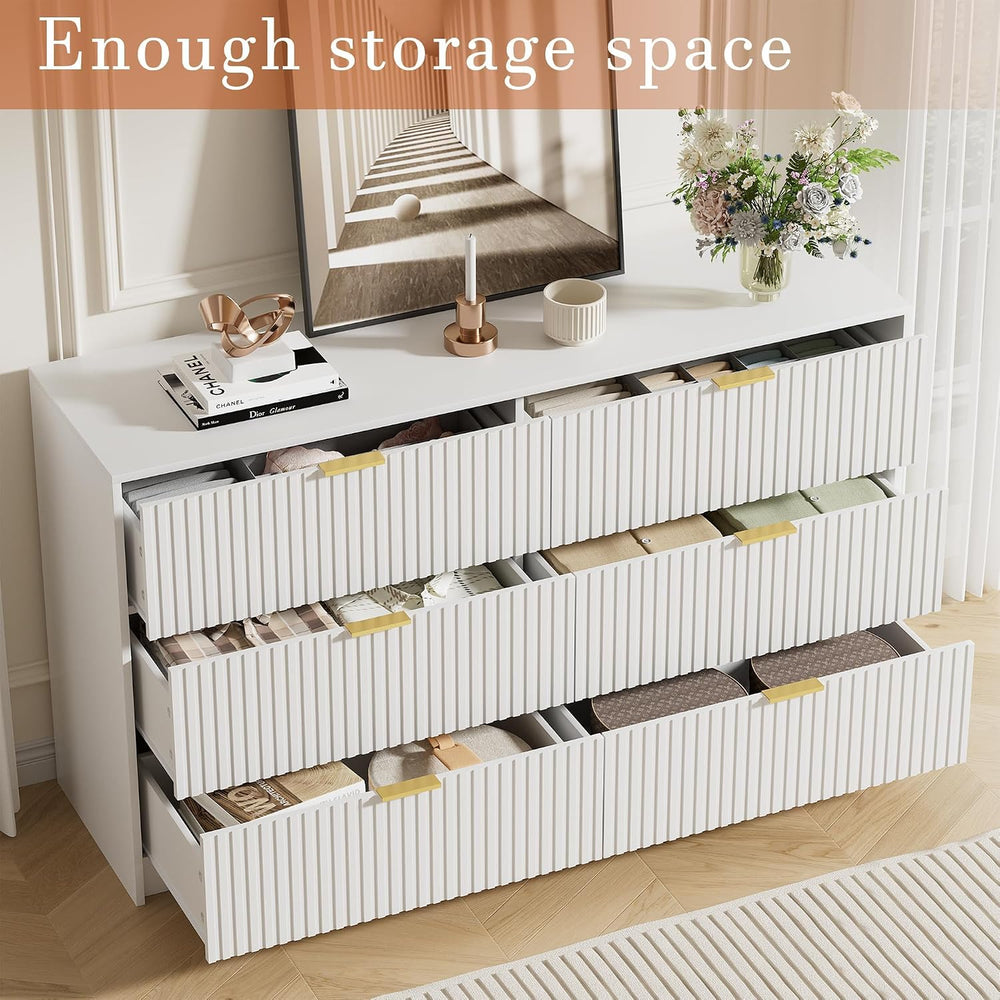 Furniway 55.1" Wide White Dresser for Bedroom, Fluted 6 Drawer Dresser