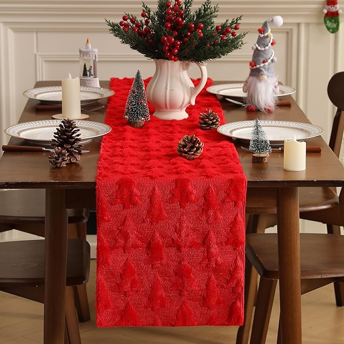 Christmas Tbale Runner 13x72 Inch Soft Plush Faux Fur Jacquard Red Big Small - Image 2