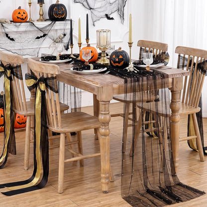 Pearl Gauze Tulle Table Runner Black Halloween 120 Inch 10FT Sheer Dining