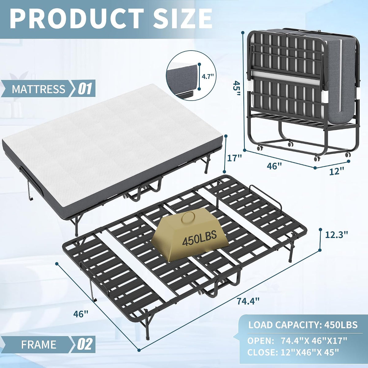 folding bed with 5 inch mattrees, 75"x46" rollaway shown in use