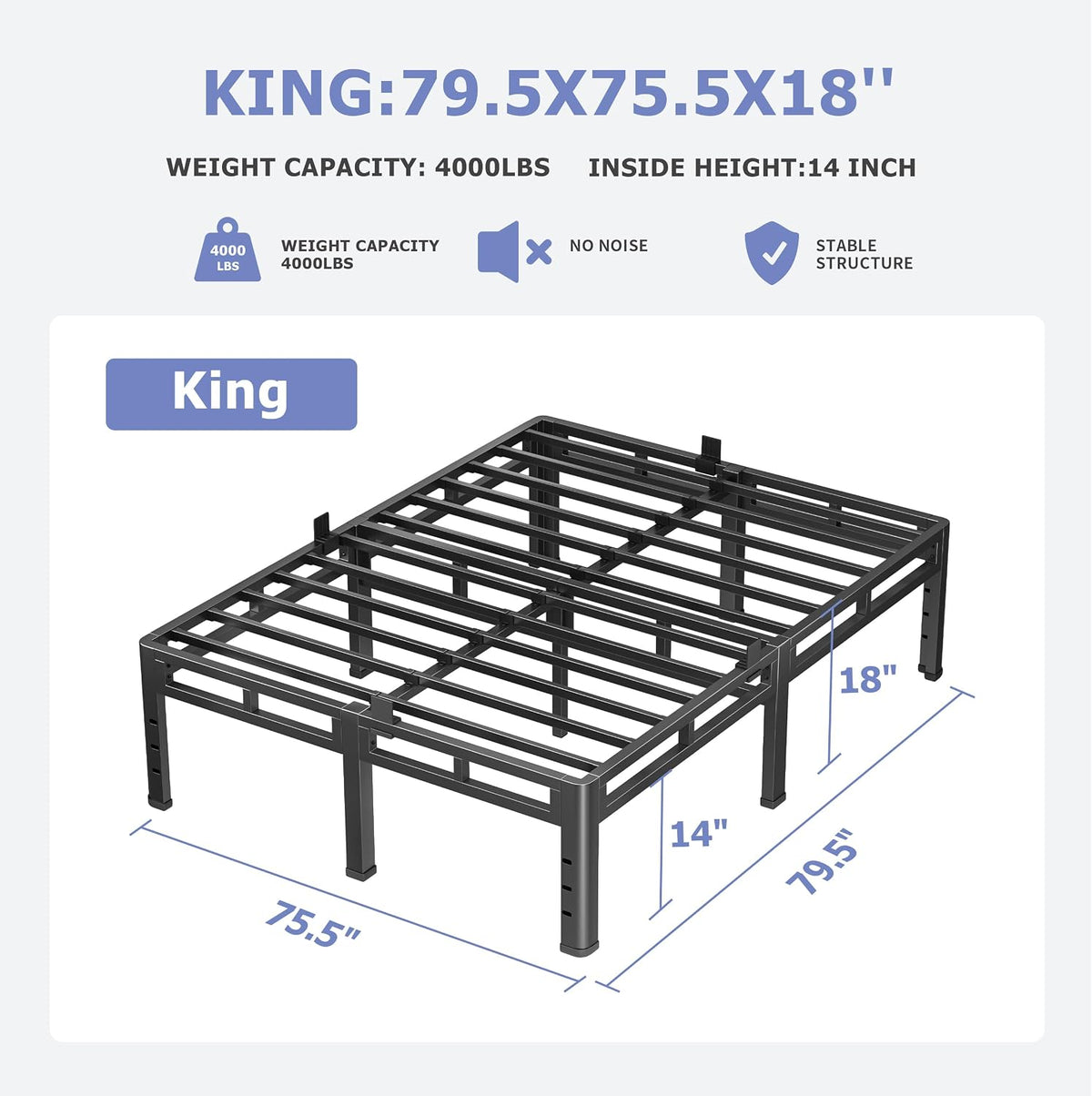 nkz king size metal platform bed frame, 18, close-up detail