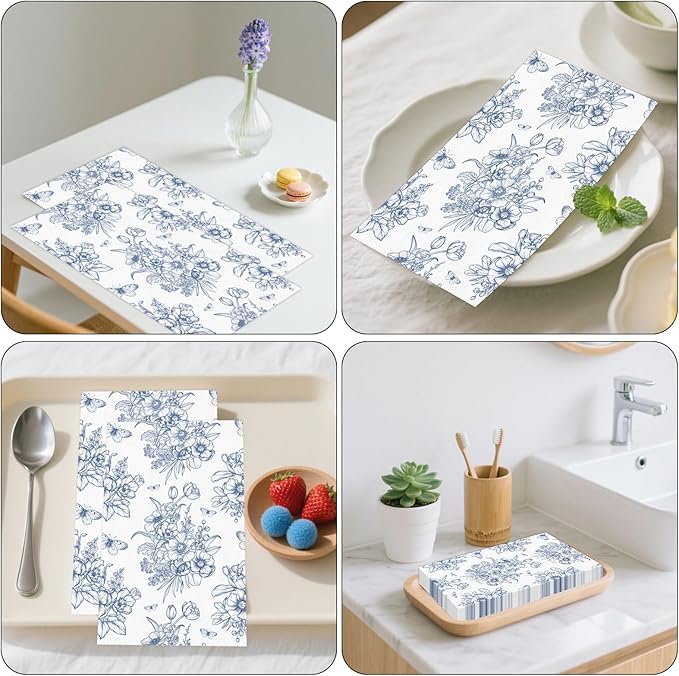 100 PCS Blue Floral Paper Napkins, Disposable Blue & White Flowers Bathroom - Image 7