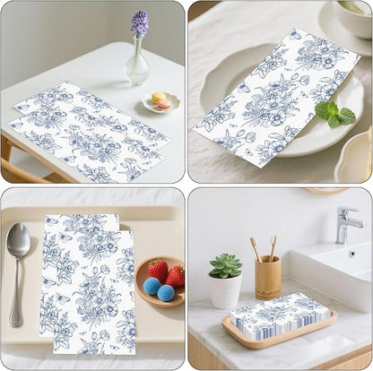 100 PCS Blue Floral Paper Napkins, Disposable Blue & White Flowers Bathroom - Image 7