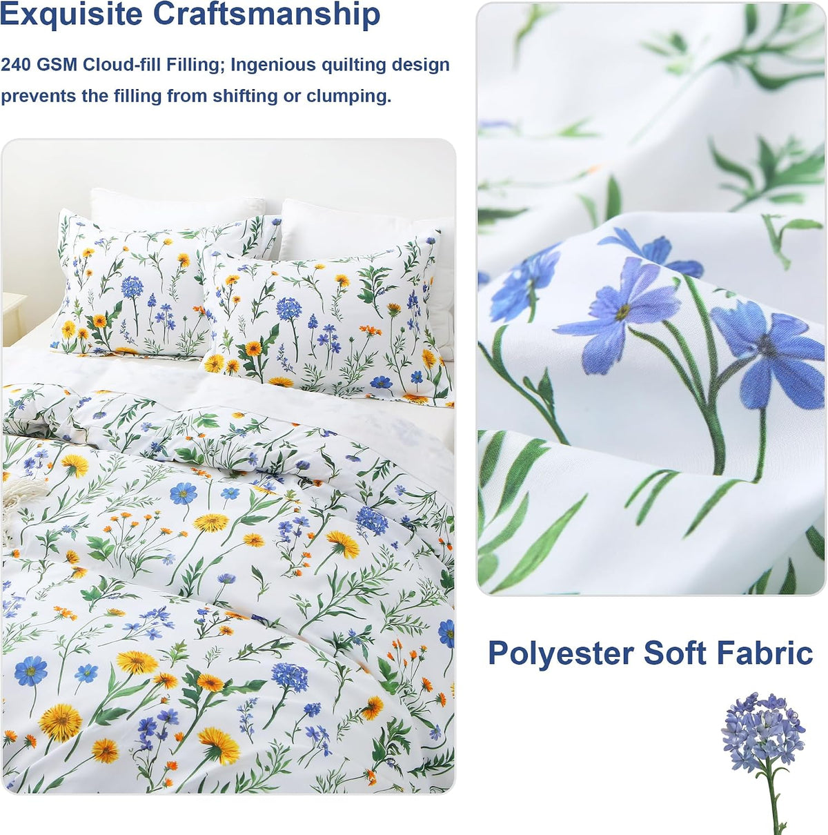 mooreeke floral king size comforter sets, dandelion floral, side view
