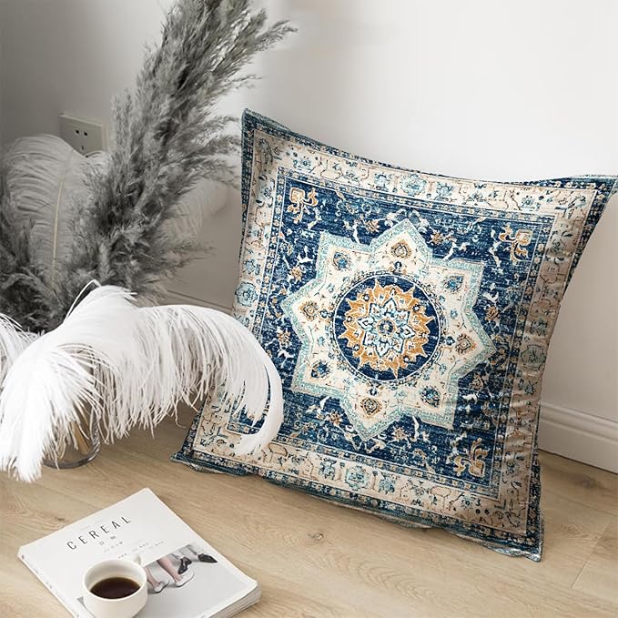 Bohemian Pillow Covers | Vintage Floral & Carpet Design | Double Sided Blue - Image 4