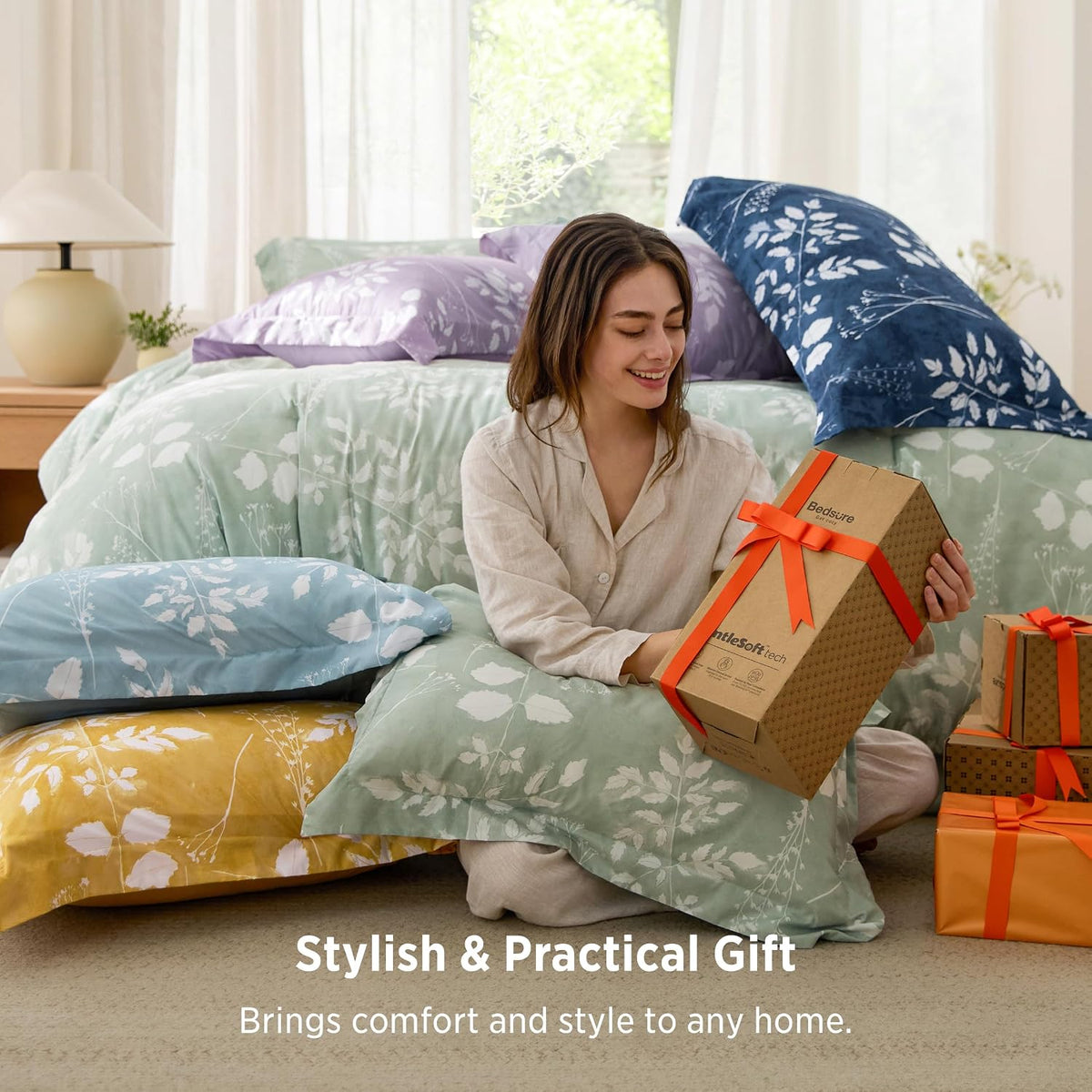 bedsure sage green queen comforter set, floral bedding showing dimensions