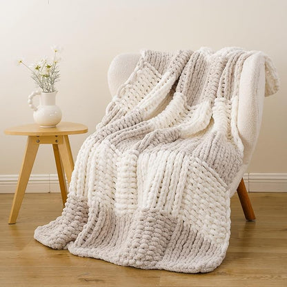 Battilo Beige Cream Chunky Knit Throw Blanket, Soft and Thick Chenille Throw by Battilo