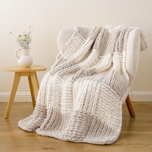 Battilo Beige Cream Chunky Knit Throw Blanket, Soft and Thick Chenille Throw by Battilo