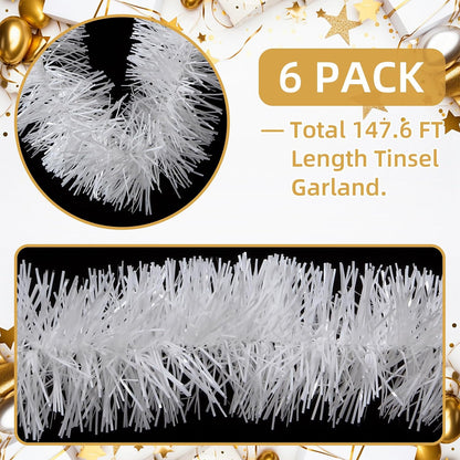 150 FT White Tinsel Garland Christmas Holiday Tinsel Garland Halloween New Year Birthday Party Decorations, Tinsel Twist for Christmas Tree Decoration (White)
