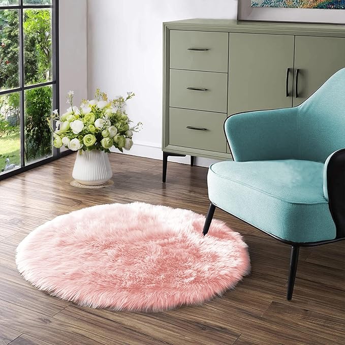 Latepis Pink Faux Sheepskin Round Rugs 6.7ft Cute Furry Rug - Image 7