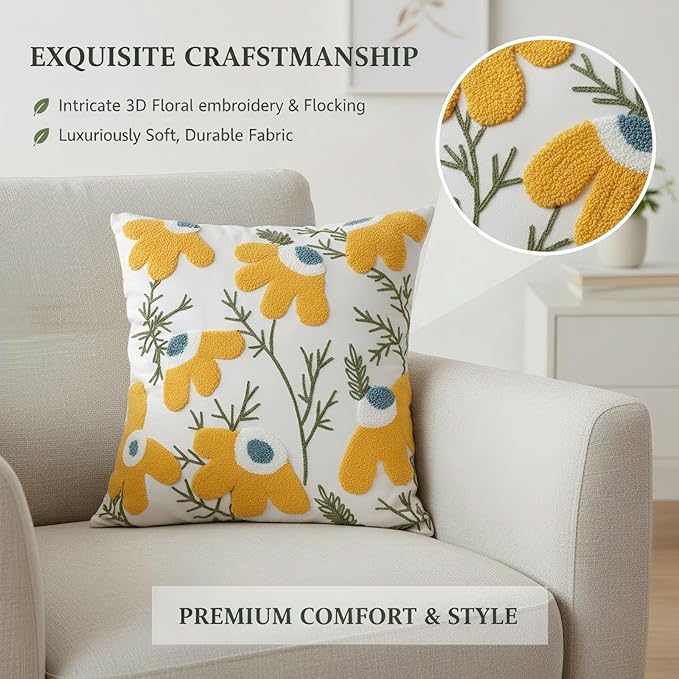 18x18 Embroidered Throw Pillow Covers Set – Yellow Daisy Cotton Decorative - Image 4