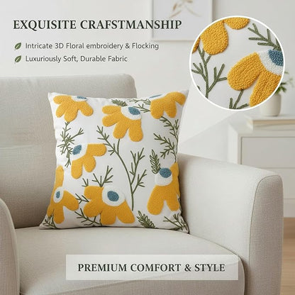 18x18 Embroidered Throw Pillow Covers Set – Yellow Daisy Cotton Decorative - Image 4