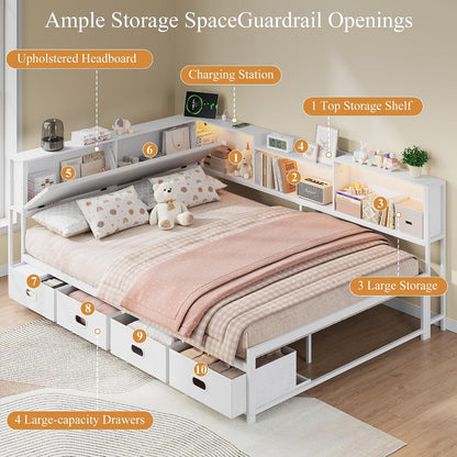 full corner bed frame with 4 storage bookcases, side view