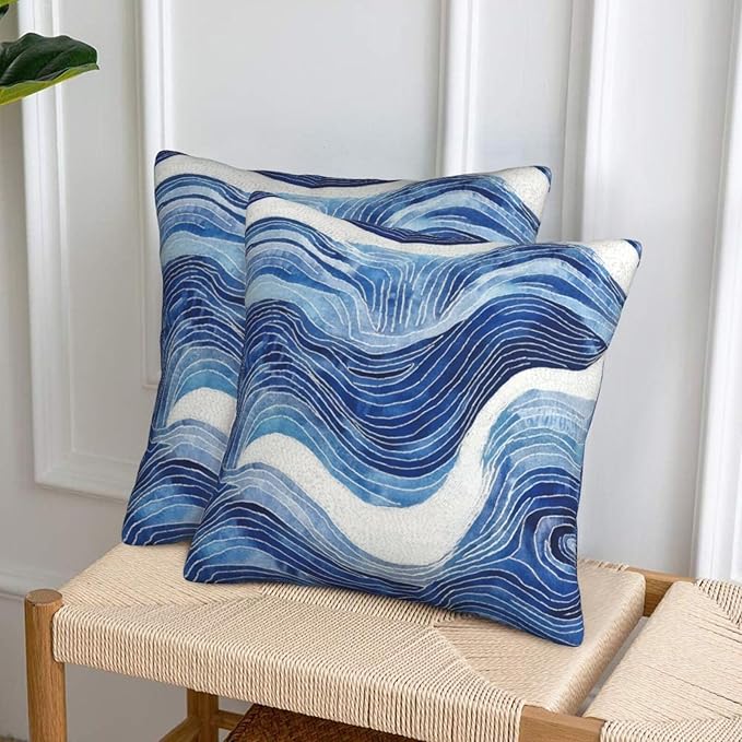 Dark Blue Navy and White Waved Pillow Covers 18x18 Inch Decorative Modern - Image 3