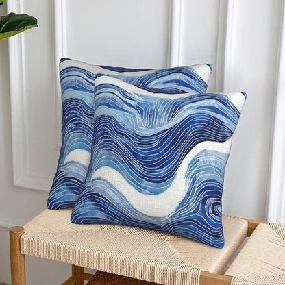 Dark Blue Navy and White Waved Pillow Covers 18x18 Inch Decorative Modern - Image 3