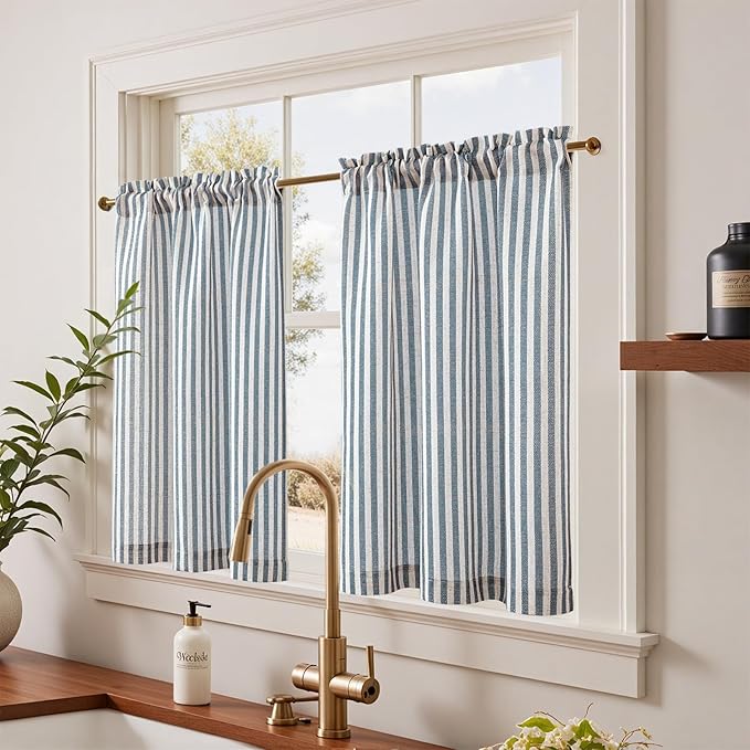 jinchan Striped Linen Kitchen Curtains 36 Inches Length Tier Curtains Farmhouse - Image 2
