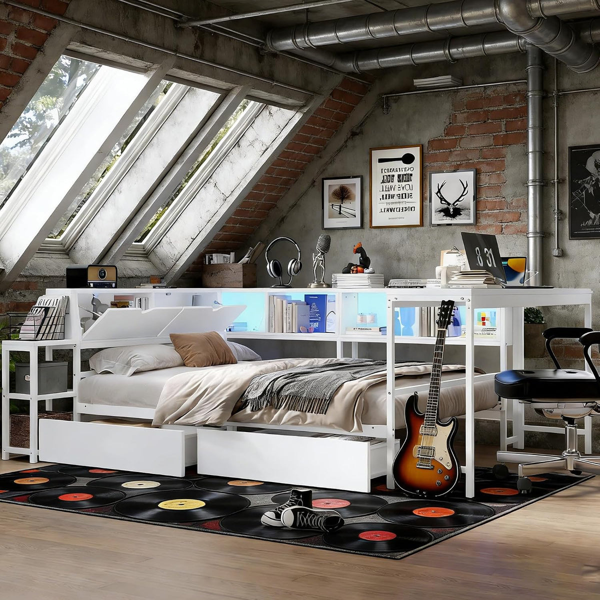 bellemave full size corner bed frame with storage showing dimensions