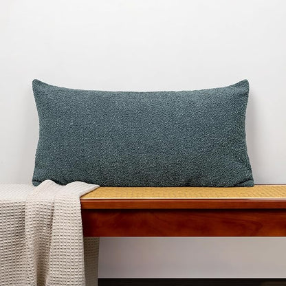 14x26 inch Boucle Lumbar Pillow Cover, Dusty Blue Woven Texture Neutral Long by JoraLion
