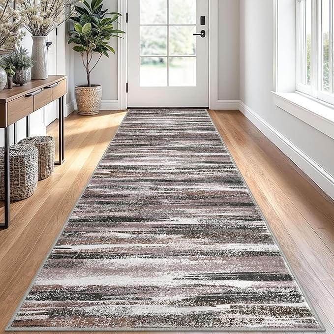 Modern Abstract Runner Rug 2.6x10, Dark Light Brown White Washable Long Kitchen by lansny