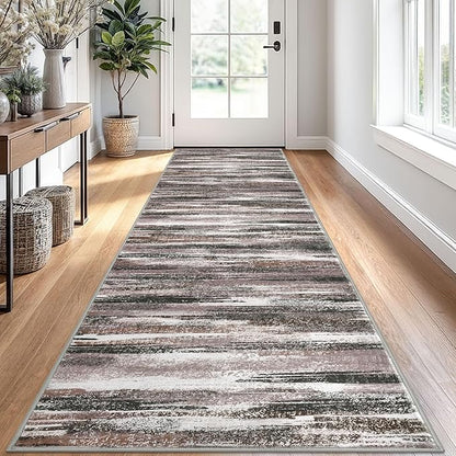 Modern Abstract Runner Rug 2.6x10, Dark Light Brown White Washable Long Kitchen by lansny