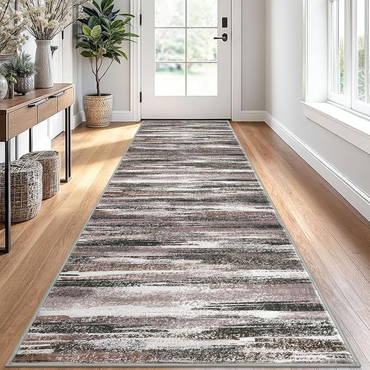 Modern Abstract Runner Rug 2.6x10, Dark Light Brown White Washable Long Kitchen by lansny