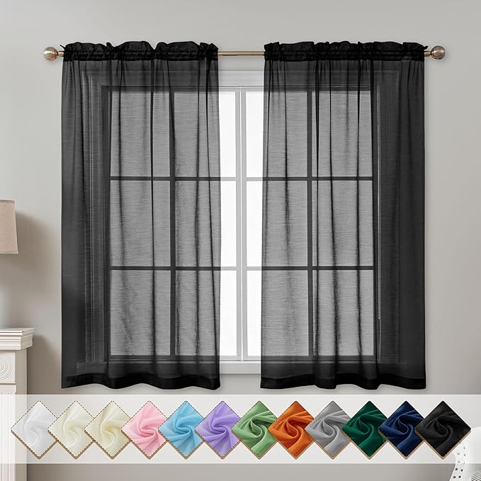 Black Sheer Curtains 54 Inch Length, Privacy Semi Sheer Curtains by ABLUEN