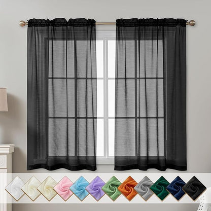 Black Sheer Curtains 54 Inch Length, Privacy Semi Sheer Curtains by ABLUEN