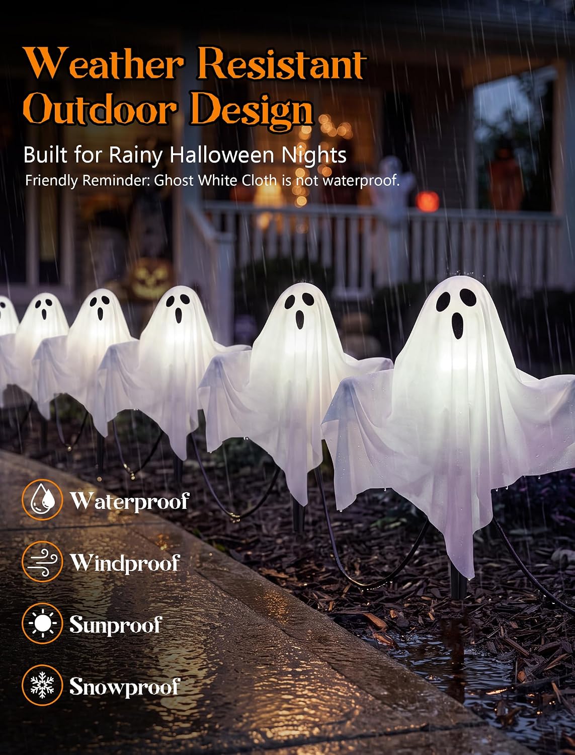 11.5FT Halloween Ghost Pathway Lights Outdoor, 4 Pack LED Lawn Stake Lights
