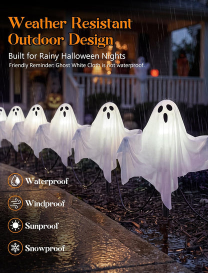 11.5FT Halloween Ghost Pathway Lights Outdoor, 4 Pack LED Lawn Stake Lights