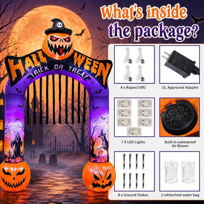 10 FT Halloween Inflatable Archway, Built-in LED Lights, Blow Up Outdoor Yard Decoration with Grim Reaper Witch Bat Patterns for Front Lawn Garden Party Décor Outdoor Holiday Party