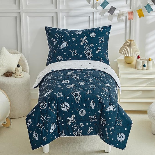 4 Pieces Toddler Bedding Set for Boy, Space Toddler Bed Comforter Set, Soft and by DuShow