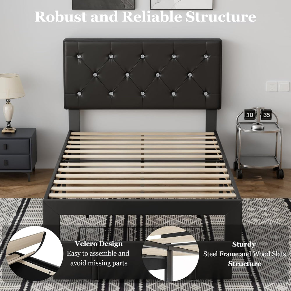 VECELO Twin Size Bed Frame with Storage Drawers, Leather Upholstered Bedframe...