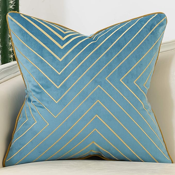 Avigers 20 x 20 Inch Grey Blue Gold Striped Geometric Lines Embroidery Velvet by Avigers