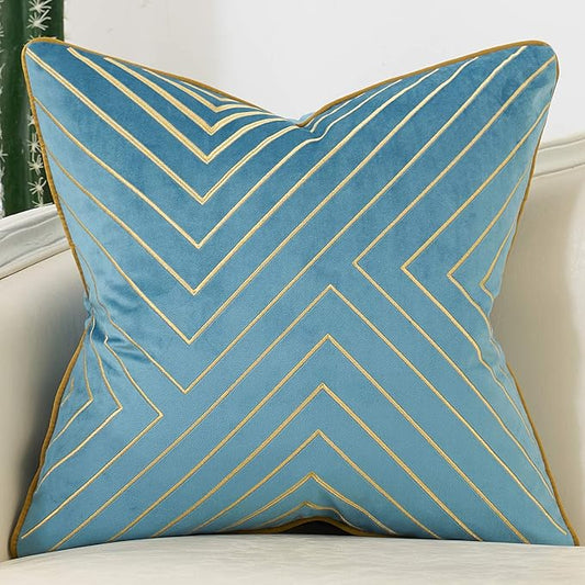 Avigers 20 x 20 Inch Grey Blue Gold Striped Geometric Lines Embroidery Velvet by Avigers