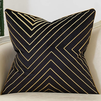 Avigers 20 x 20 Inch Black Gold Striped Geometric Lines Embroidery Velvet by Avigers