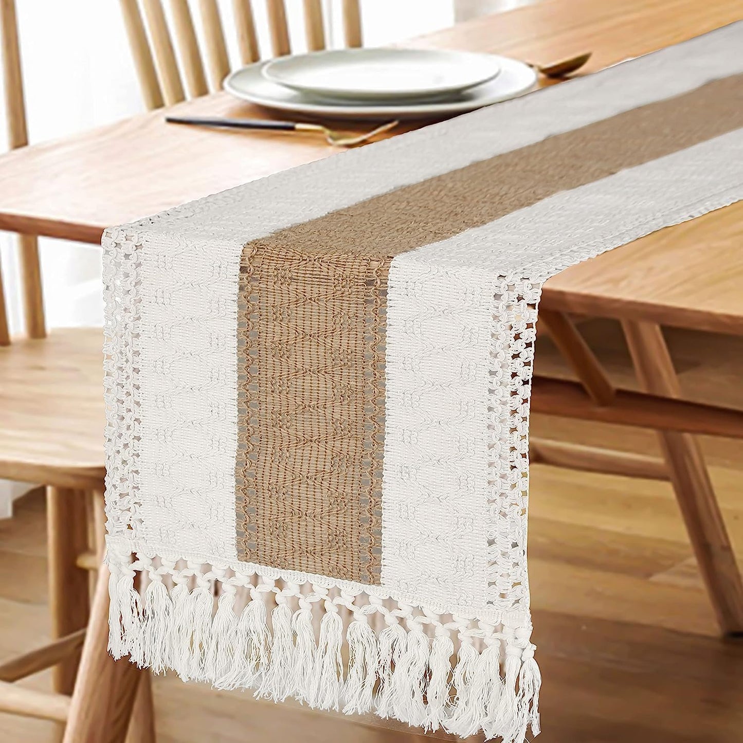 FEXIA Boho Table Runner for Home Decor with Tassels 72 Inches Farmhouse Long Pottery Barn Furniture Rustic Macrame Burlap Table Decoration for Living Room Bridal Shower (12x72 Inches)