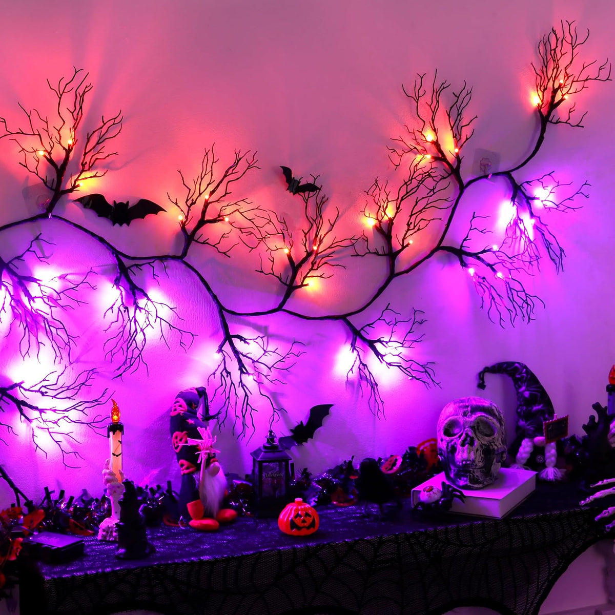 9 FT 66 LED Willow Vine Twig Decor Black Halloween Garland with Orange Purple Lights, Timer 8 Modes Waterproof Battery Operated Indoor Halloween Decorations for Wall Fireplace Mantle Home Office Decor