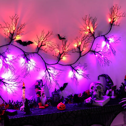 9 FT 66 LED Willow Vine Twig Decor Black Halloween Garland with Orange Purple Lights, Timer 8 Modes Waterproof Battery Operated Indoor Halloween Decorations for Wall Fireplace Mantle Home Office Decor