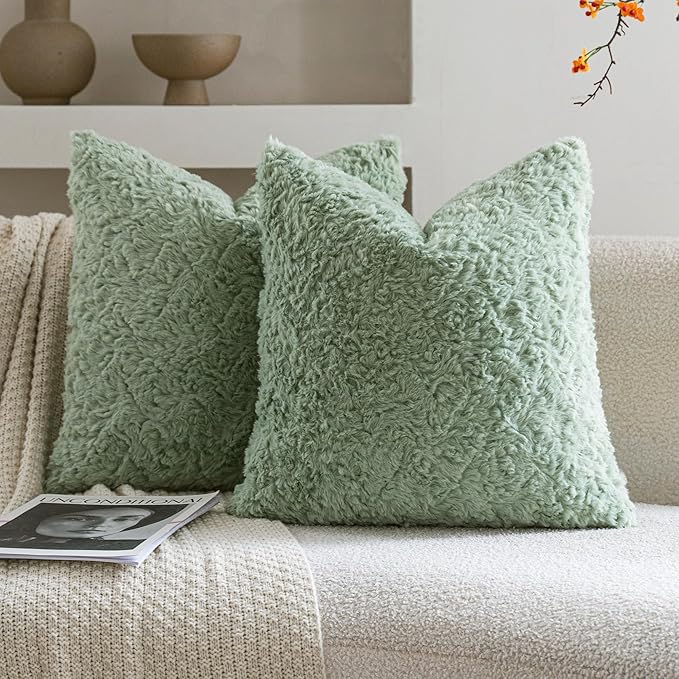 Neelvin Set of 2 Faux Fur Throw Pillow Covers 22x22 Inch Sage Green Cozy Soft by Neelvin