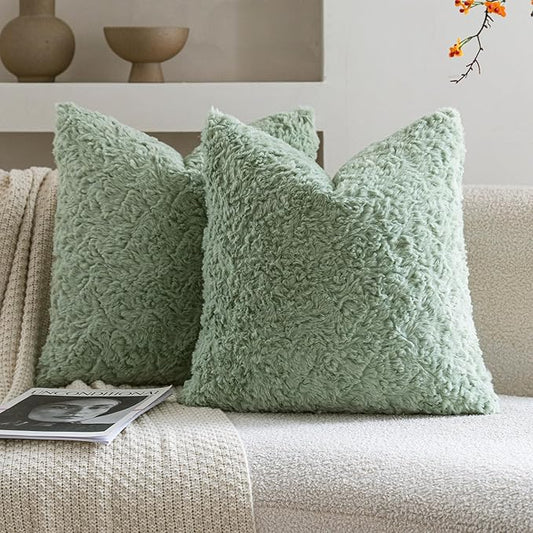Neelvin Set of 2 Faux Fur Throw Pillow Covers 16x16 Inch Sage Green Cozy Soft by Neelvin